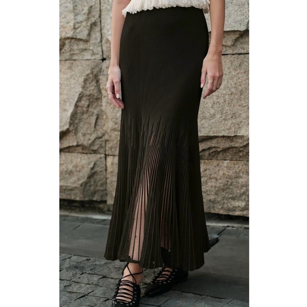 Commense Black Pleated Mesh Knit Maxi Skirt L Quiet Luxury Balletcore Minimalist